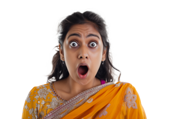 Indian woman with open mouth, shock, surprise, amazement, isolated, transparent background