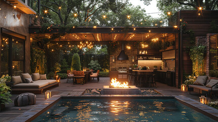 Rustic outdoor kitchen and dining area with a fire pit and string lightsHyperrealistic