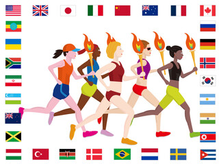 スポーツの国際大会の開催に向けトーチを持って走る女性ランナー達。