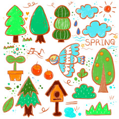 봄 계절 스티커 디자인 일러스트 손그림 그래픽 타이포그라피 캘리그라피 벌 꽃 나비 지렁이 해 열매 새싹 나뭇잎