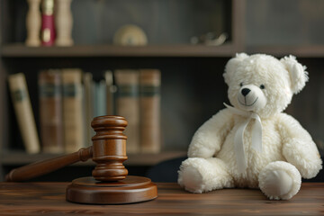 Naklejka premium Wooden gavel on the judge's bench, next to a white teddy bear, with a scared expression, symbolizing justice, law and court decisions, interest of the child