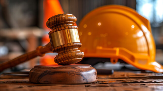 Wooden gavel on the judge's bench, next to a construction worker's helmet, symbolizing justice decisions, Labor law concept