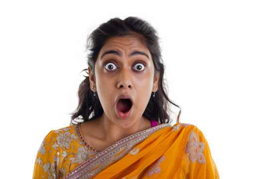 Indian woman with open mouth, shock, surprise, amazement, isolated, transparent background