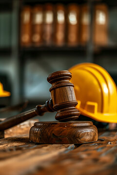 Wooden gavel on the judge's bench, next to a construction worker's helmet, symbolizing justice decisions, Labor law concept