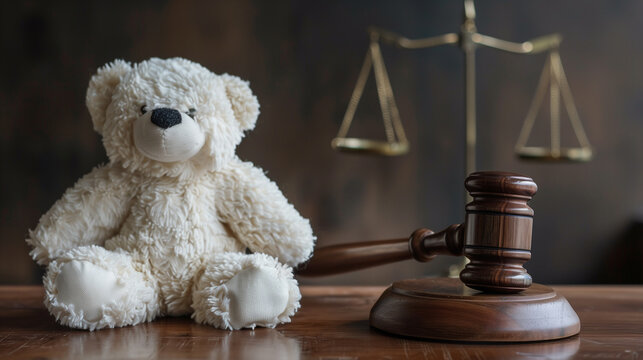 Wooden gavel on the judge's bench, next to a white teddy bear, with a scared expression, symbolizing justice, law and court decisions, interest of the child