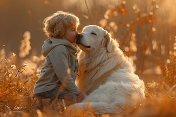 A little boy with blonde hair and blue eyes is sitting on the ground, kissing his white golden retriever dog in an autumn meadow. Created with Ai - obrazy, fototapety, plakaty