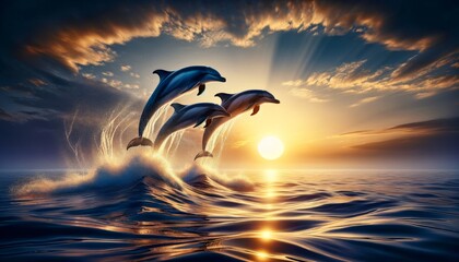 A pod of dolphins leaping from the water with a golden sunset in the background. © FantasyLand86