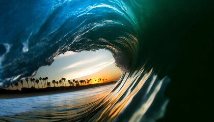 The view from inside a wave's barrel, looking out towards a beach with palm trees at sunset.
