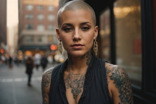 A woman with a shaved head and tattoos on her arms