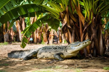 Relaxed crocodile lounges beneath the shade of a banana tree - obrazy, fototapety, plakaty
