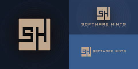 Abstract initial square letter SH or HS logo in gold color isolated on multiple background colors. The logo is suitable for internet technology and software business logo design inspiration templates.