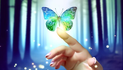 An ethereal, glowing butterfly perched delicately on someone's fingertips, its wings patterned with shining circuits.