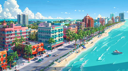 Naklejka premium A clean pixel art scene of the Miami Beach coastline featuring isometric views of the art deco buildings and palm-lined beaches