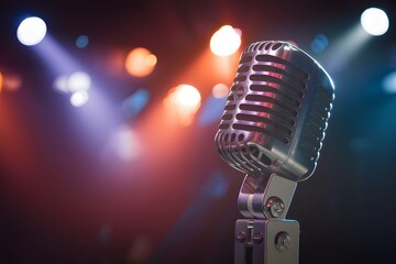 Retro audio microphone on stage, blurred lights background