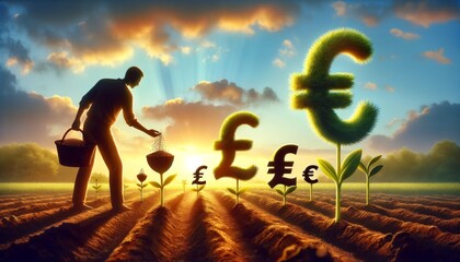 A human figure standing in a field, sowing seeds with euro, pound, and yen symbols sprouting, representing diverse economic growth.