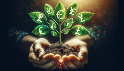 An image depicting hands cradling a small sapling with leaves shaped like various global currency symbols, illustrating international investment growt. - Powered by Adobe