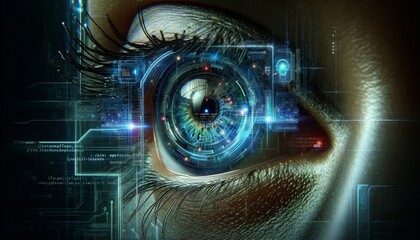 A close-up view of a cybernetic eye with reflections of code and futuristic user interfaces overlaid on the iris. - obrazy, fototapety, plakaty