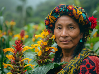 A Colombian woman in the Amazon rainforest bright and rare flowers dotting the landscape around her