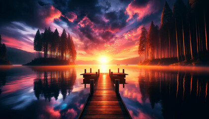 湖の上の静かな夕日と緑豊かな森の反射水面 - obrazy, fototapety, plakaty