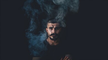 Bearded Man With Dark Smoke Texture Background Portrait Photography (Generative AI) - obrazy, fototapety, plakaty