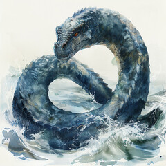 A depiction of a giant sea serpent in watercolor its long