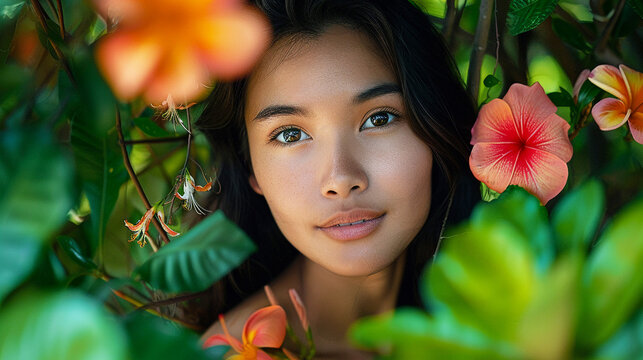 A Filipino woman amidst the rich greenery and colorful flowers of the Philippines her portrait taken on Agfa Vista 200 in 4K