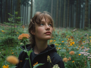 A German teenager in the Black Forest surrounded by a mix of wildflowers and dense forest greenery