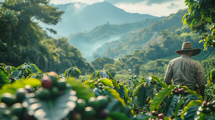 A Guatemalan coffee farmer navigating through a plantation nestled in the mountainous landscape the volcanic soil enriching the coffee plants - obrazy, fototapety, plakaty