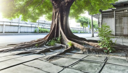 Depict an old tree with roots growing over and through an urban concrete sidewalk, a testament to nature’s resilience in a city environment.