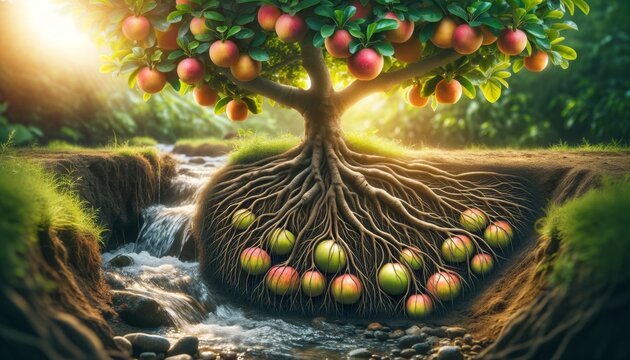 Create an image of a bountiful fruit tree, with roots visibly absorbing water from a nearby babbling brook.
