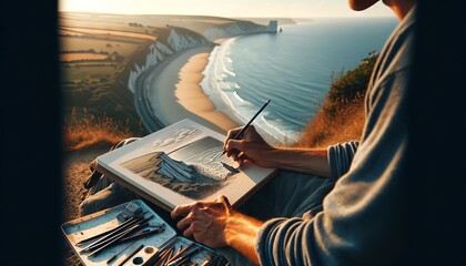 A close-up image of a person with a sketchpad, drawing the panoramic view of the beach below from a...