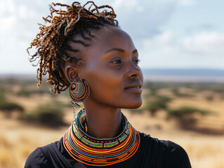 A Kenyan woman slightly smiling her avant-garde necklace device contrasting with the expansive African savanna - obrazy, fototapety, plakaty