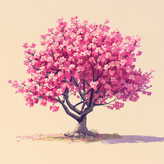 Obraz premium A lone pixelated cherry blossom tree in isometric view its delicate pink blossoms set against a toon-shaded pastel background