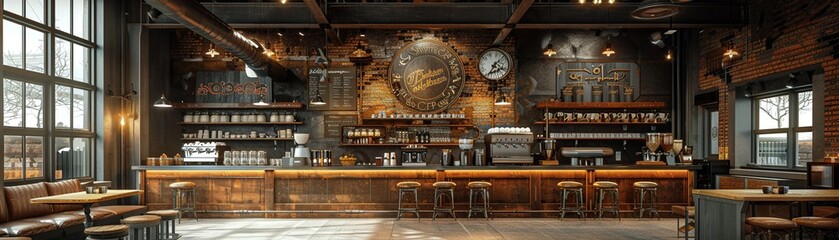 Industrial chic coffee shop with metal accents and communal seating8K - obrazy, fototapety, plakaty