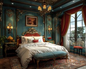 Boutique hotel room with unique decor and luxurious amenitieshigh detailed