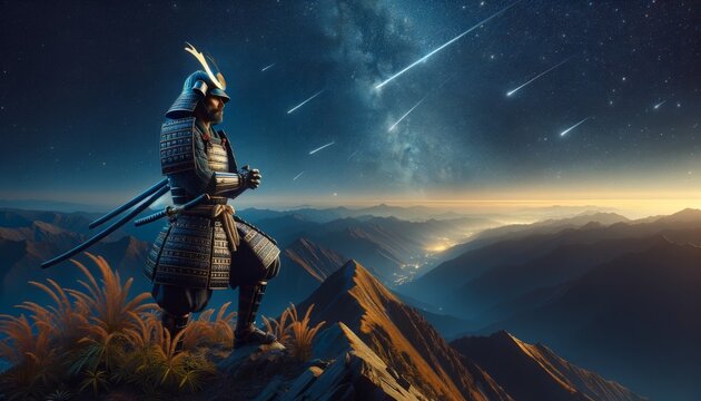 Design an image of a samurai character atop a mountain peak, with a clear night sky and shooting stars above.