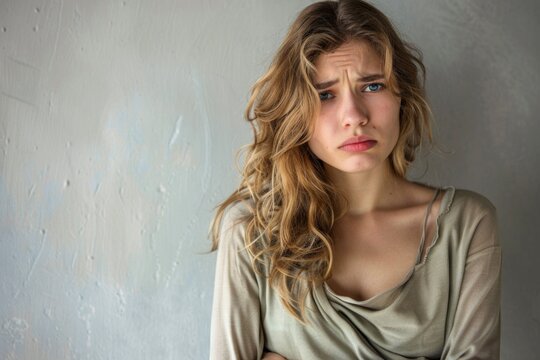 Worried young woman in casual wear with a pained expression, grappling with abdominal pain against a painted wall