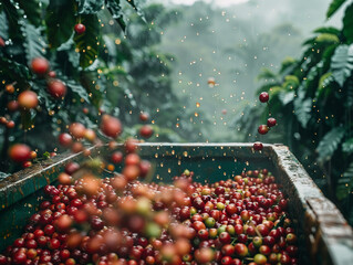 A photo of coffee cherries being thrown into a metallic container on a Vietnamese plantation