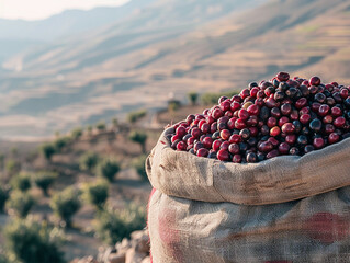 A photo of coffee cherries being collected in a fabric sling in Yemen the arid and mountainous terrain in the background contributing to a stark