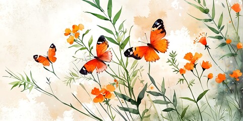 Watercolor floral background with poppies and butterfly with copy space