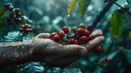 A photograph of a hand harvesting coffee cherries in the Indonesian jungle the moody and humid atmosphere of the tropics enveloping the scene - obrazy, fototapety, plakaty