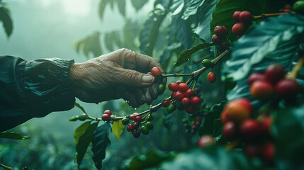 A photograph of a hand skillfully selecting coffee cherries in the lush Vietnamese jungle the overcast sky adding a moody