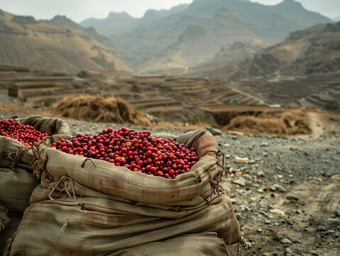 A photo of coffee cherries being collected in a fabric sling in Yemen the arid and mountainous terrain in the background contributing to a stark