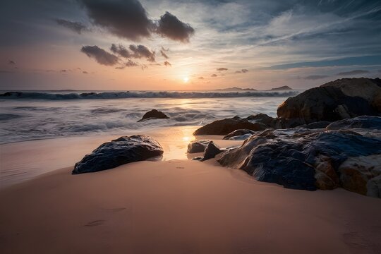Sand with waves and rocks, coastal landscape photo