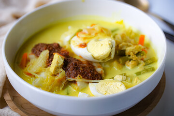 A bowl of “Lontong” or rice cake and coconut gravy with tumeric, chilli, and vegetables with some shadow and selective focus.