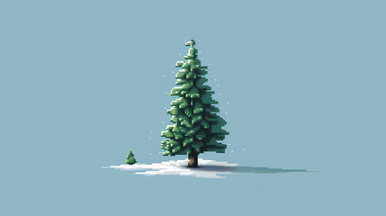 A pixelated pine tree in isometric view with toon shading against a wintry blue background