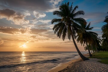 Seaside landscape with sunset and palm trees on the beach photo