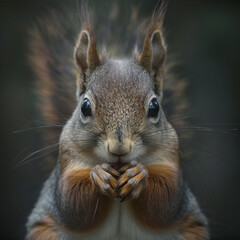 A repentant squirrel sitting up its tiny paws close to its face - obrazy, fototapety, plakaty