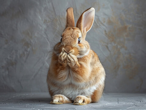 A regretful rabbit sitting back on its haunches front paws up near its face in a sorry pose