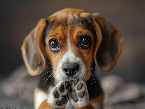 A repentant beagle puppy with "Sorry" displayed paws raised to its face